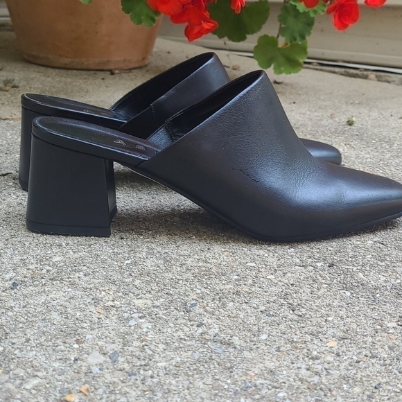 ASKA Italian black genuine leather chunky block heels mules vintage clogs - Picture 2 of 9